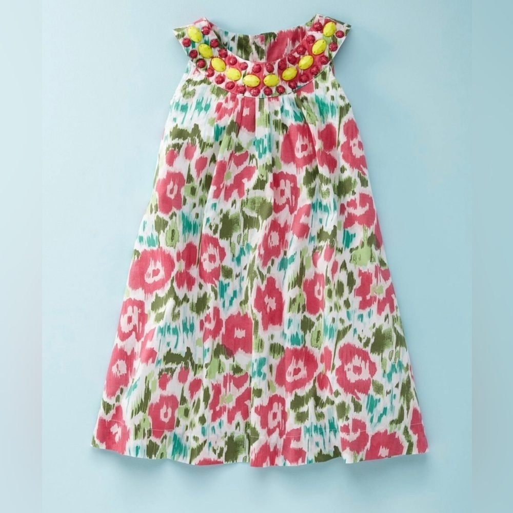 Mini Boden Girls 5-6Y Pink/Green Floral Shift Dress w/Jeweled Neckline - EUC!